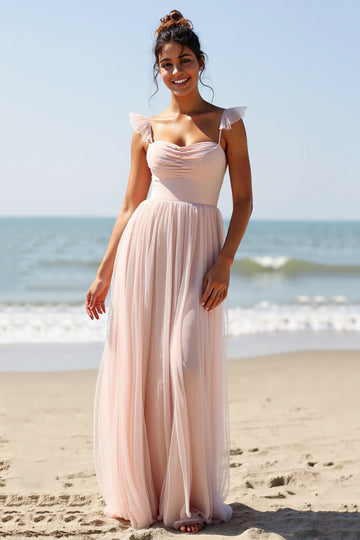 Candy Pink A Line Pleated Long Boho Bridesmaid Dress with Slit
